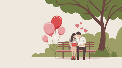 A couple sitting on a park bench surrounded by a few pink and red balloons