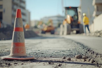 A close-up of construction cones on the road with a blurred background of workers paving.