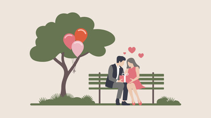 A couple sitting on a park bench surrounded by a few pink and red balloons