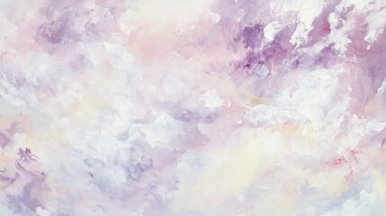 Obraz premium Delicate clouds of pastel pink, lavender, and creamy white drift across a tranquil canvas, blending into soft abstract forms that evoke a serene and ethereal atmosphere. Background 