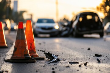 Close-up photo of construction cones on the road against the background of a traffic accident