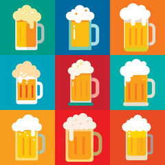 Set of beer glasses, mugs, ribbon, bottle, and hop. Color vintage vector engraving illustration for web, poster, invitation to party. Hand drawn design element isolated on background.