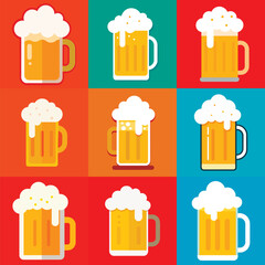 Set of beer glasses, mugs, ribbon, bottle, and hop. Color vintage vector engraving illustration for web, poster, invitation to party. Hand drawn design element isolated on background.