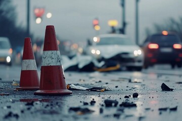 Close-up photo of construction cones on the road against the background of a traffic accident