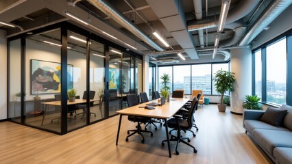 An office with modern design elements: glass walls, bold artwork, and a spacious layout for collaborative work
