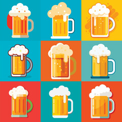 Set of beer glasses, mugs, ribbon, bottle, and hop. Color vintage vector engraving illustration for web, poster, invitation to party. Hand drawn design element isolated on background.