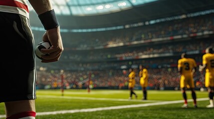 A referee's hand holding a whistle just before blowing, with a tense game scene in the background.