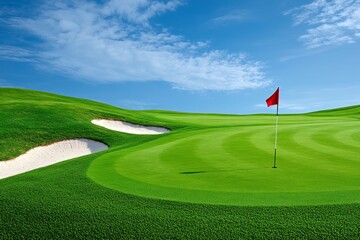 Obraz premium A golf green with perfectly manicured grass, featuring subtle undulations and a flag marking the hole