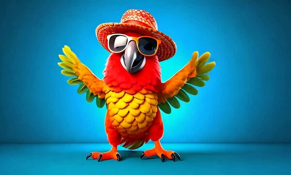 Cute Cartoon Colorful Parrot Wearing Sunglasses Dancing on a Blue Background