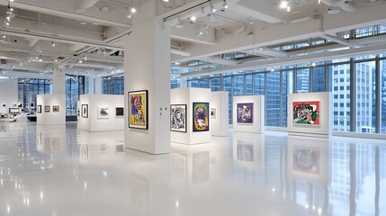 Fototapeta premium Modern Art Gallery Interior Abstract Paintings City View