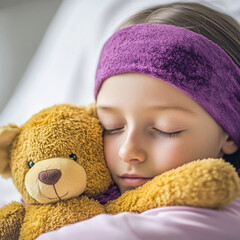Close-up of a girl with sore throat sleeping hugging a teddy bear in a hospital room