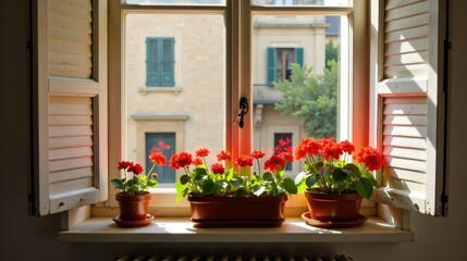Fototapeta premium Sunlit Windowsill Garden with Vibrant Red Flowers in Terracotta Pots