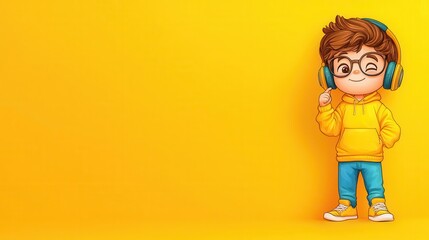 Fototapeta premium A 4K cartoonish animated clipart of a sound engineer holding headphones, standing on the right side of the image, solid color background, copy space for text