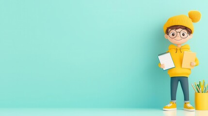 A 4K cartoonish animated clipart of a blogger holding a notepad, standing on the right side of the image, solid color background, copy space for text