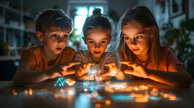 Three curious children exploring glowing science experiments at a table in a dimly lit room, showcasing wonder, creativity, and learning
