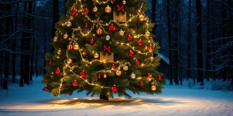A beautifully decorated Christmas tree with twinkling lights and ornaments, standing tall and proud in a snowy winter forest, casting a warm glow on the surrounding landscape.