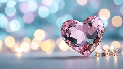 pink heart shaped gemstone sparkles beautifully against blurred background of soft bokeh lights, creating romantic and enchanting atmosphere