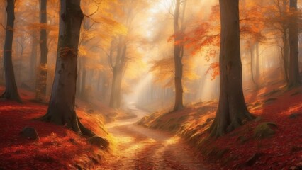 An enchanted forest in autumn, with tall, ancient trees whose golden, red, and orange leaves create a glowing canopy. A narrow path winds through the forest, covered in fallen leaves. Gentle sunlight 