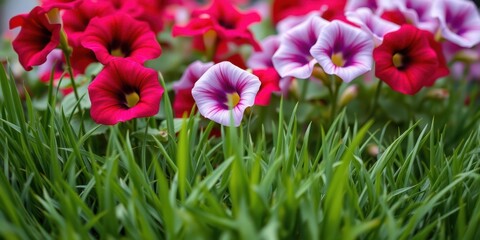 Fototapeta premium A vibrant display of pink and red flowers emerge from a bed of lush green grass, showcasing the beauty of nature's contrasting colors.