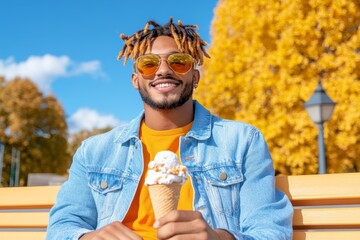 Fototapeta premium A guy in a casual denim outfit sitting on a bench, enjoying an ice cream cone on a sunny day