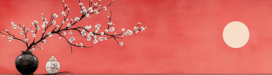 Chinese Lunar New Year. Elegant cherry blossom branch against a warm red background with a soft sun.