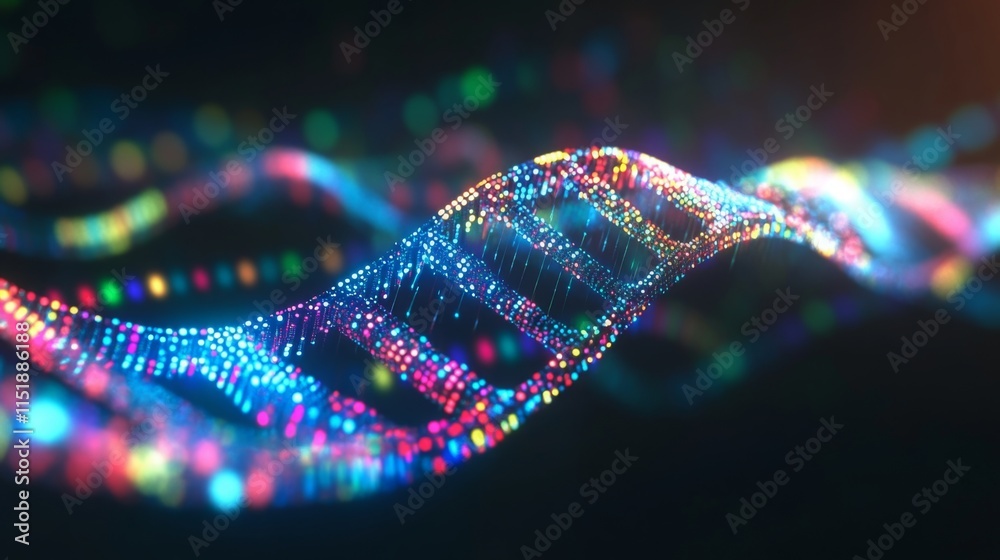 Aufkleber This visual artwork showcases a vibrant DNA double helix made of colorful particles, symbolizing the fusion of artificial intelligence and biological science in contemporary technology landscapes.