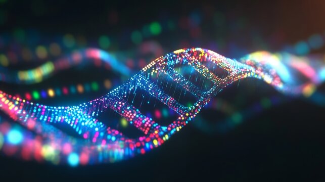 This visual artwork showcases a vibrant DNA double helix made of colorful particles, symbolizing the fusion of artificial intelligence and biological science in contemporary technology landscapes. - Powered by Adobe