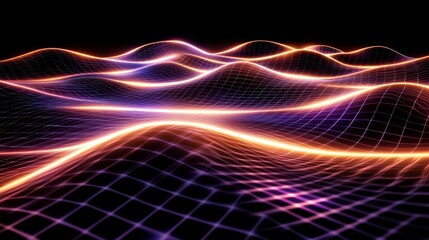Abstract glowing waves in a grid pattern, rendered in neon blue and purple tones against a black backdrop, futuristic and tech-inspired design, high detail