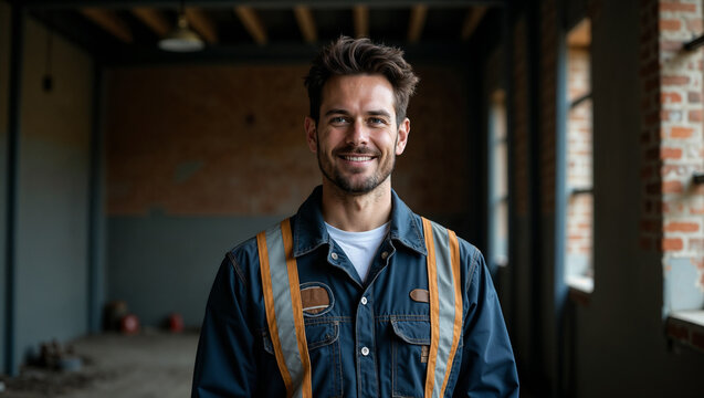 Smiling worker at construction site, cheerful expression, professional portrait, industrial background with copy space