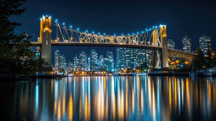 Illuminated Bridge Spanning Cityscape at Night