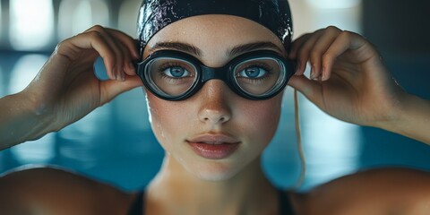 Determined Female Swimmer Preparing to Dive