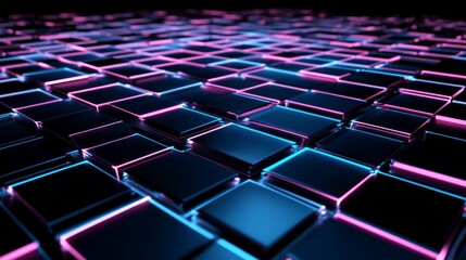 Fototapeta premium Abstract glowing waves in a grid pattern, rendered in neon blue and purple tones against a black backdrop, futuristic and tech-inspired design, high detail
