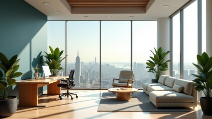 A bright office with modern furnishings, plants, and innovative design features, fostering creativity and productivity