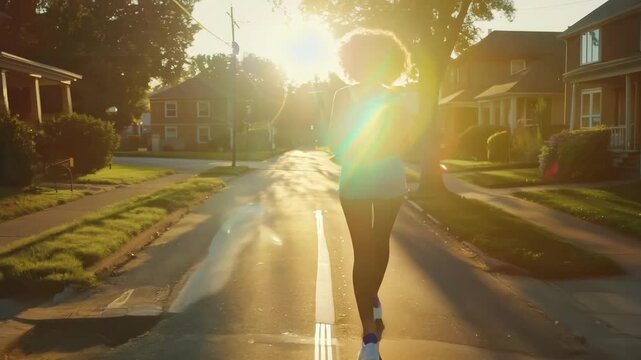 A woman is walking down a street with a backpack on. The sun is shining brightly, casting a warm glow on the scene. Concept of leisure and relaxation, as the woman enjoys her walk on a sunny day