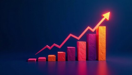 Fototapeta premium Bar chart showing rising stocks with uptrend line and financial graph on dark blue background, line, industry