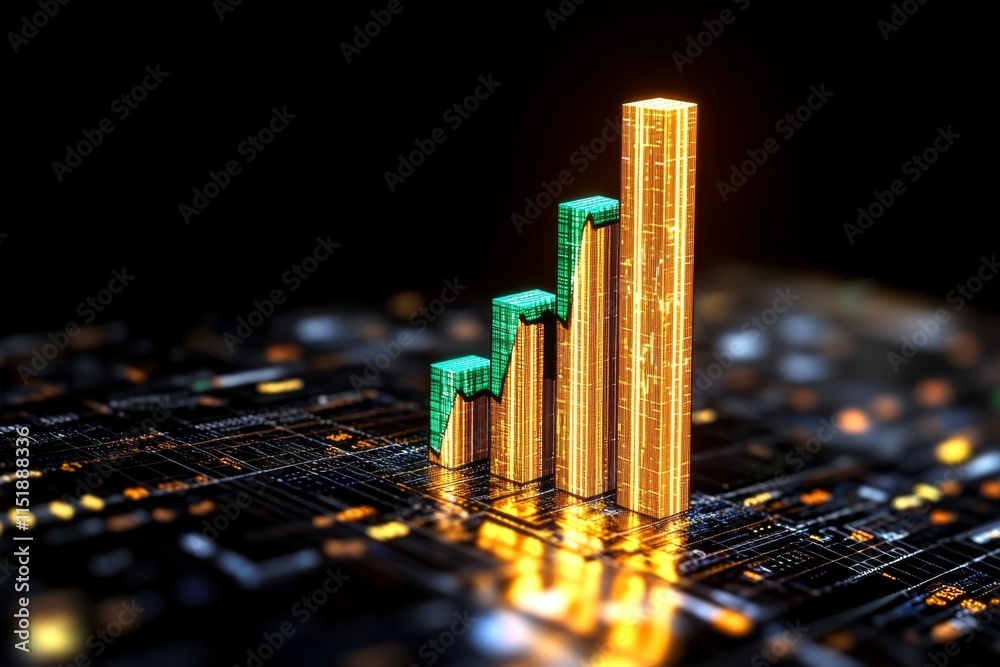 Poster a 3d bar graph rising dramatically on a digital screen, with glowing blue and green bars against a d