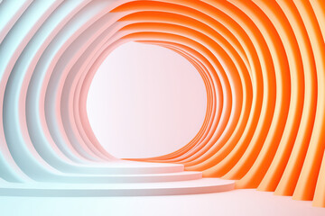 Fototapeta premium Curved futuristic podium with vibrant orange and white waves, creating dynamic space. Ideal for modern presentations or exhibitions