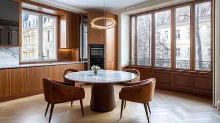 Fototapeta premium Modern Kitchen Dining Area With Marble Table And Wood Accents