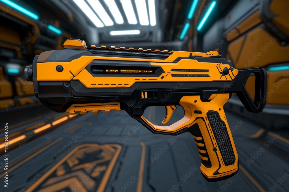 Poster a 3d-rendered image of a gun with customizable attachments displayed in a futuristic gun shop interf
