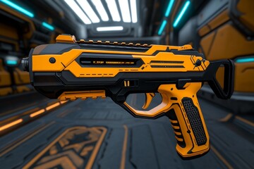 A 3D-rendered image of a gun with customizable attachments displayed in a futuristic gun shop interface