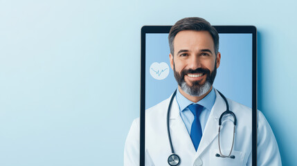 Fototapeta premium healthcare professional smiling from digital screen, showcasing telemedicine