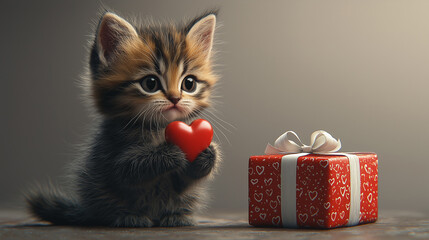A Cute Fluffy Kitten Holds a Simple 3D Red Heart, Sitting Next to a Red Present with a Heart Pattern and White Ribbon, Isolated on a Pure White Background. Minimalism Style, High Resolution HDR Image.