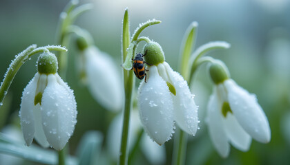 Obraz premium Nature Close-Up of Frosted Snowdrop Flower with Insects in Soft Diffused Light