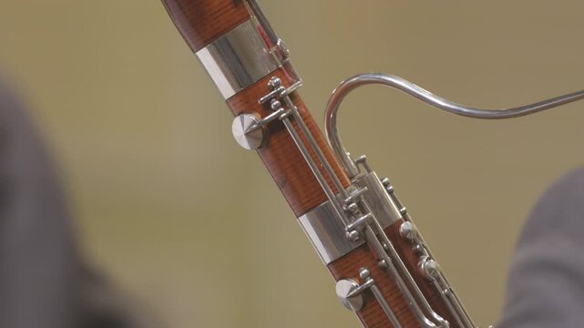 A bassoon player playing their instrument during a live performance of a wind band