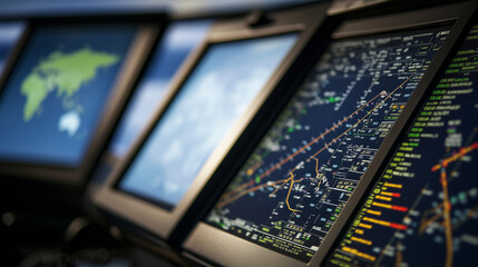 Obraz premium A Close-Up of an Air Traffic Control Console, Featuring Multiple Screens Displaying Flight Paths and Data, Emphasizing the Complexity and Precision Needed in Air Traffic Management. The Slightly Blurr