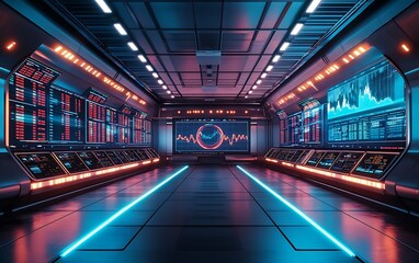 Futuristic control room with glowing screens displaying data and graphs.