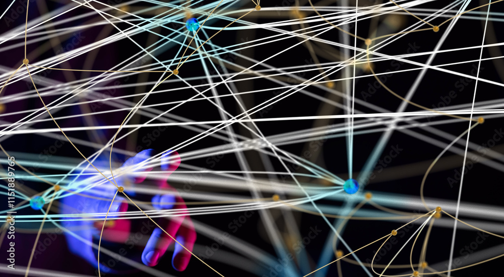 Poster Global network. Blockchain. 3D illustration. Neural networks and artificial intelligence. Abstract