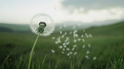 A side view of a dandelion releasing its seeds, with blurred green fields in the background.