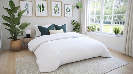 Serene Bedroom Interior Design  White Bedding  Plants  and Natural Light