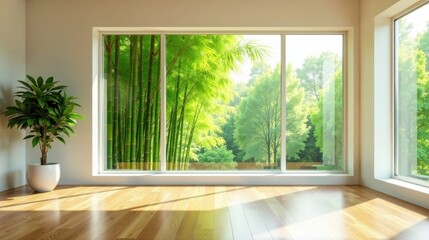 Serene Room with Expansive Window Showing Lush Bamboo Forest and Sunlit Trees